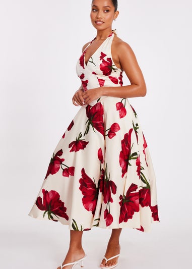 Quiz Cream Petite Satin Rose Print Midi Dress
