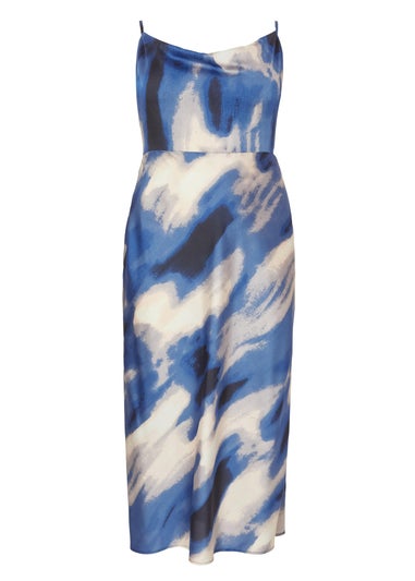 Quiz Blue Curve Satin Marble Midaxi Dress