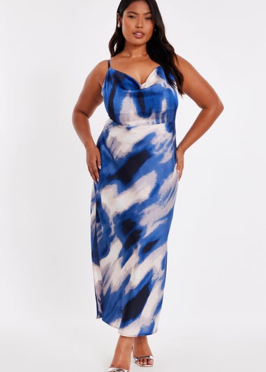 Quiz Blue Curve Satin Marble Midaxi Dress