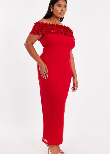 Quiz Red Curve Floral Bardot Midaxi Dress