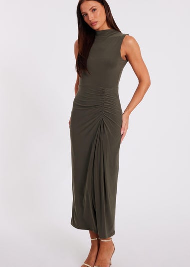 Quiz Khaki Ruched Bodycon Midaxi Dress
