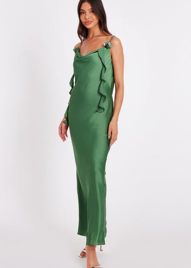 Quiz Green Satin Corsage Midaxi Dress