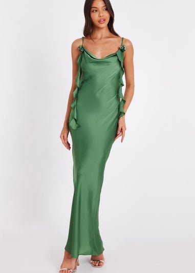 Quiz Green Satin Corsage Midaxi Dress