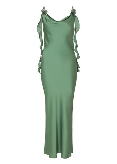 Quiz Green Satin Corsage Midaxi Dress