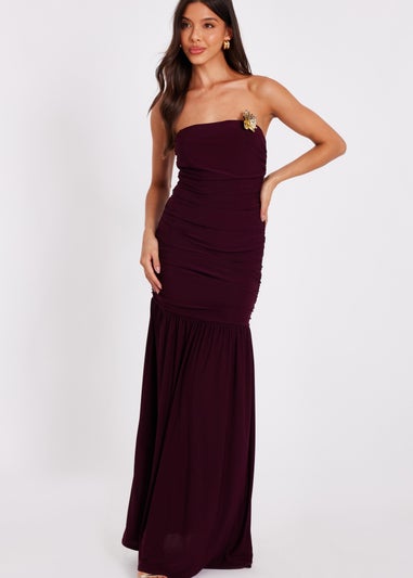 Quiz Burgundy Strapless Corsage Maxi Dress