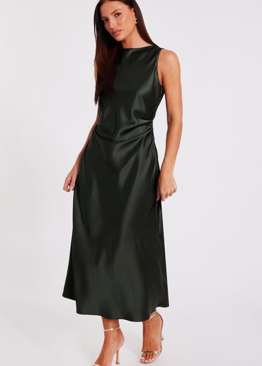 Quiz Green Satin Ruched Midi Dress