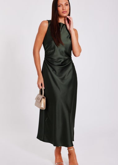 Quiz Green Satin Ruched Midi Dress