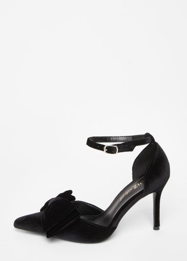 Quiz Black Wide Fit Velvet Bow Court Heels