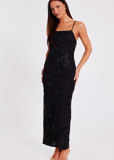 Quiz Black Floral Applique Midaxi Dress