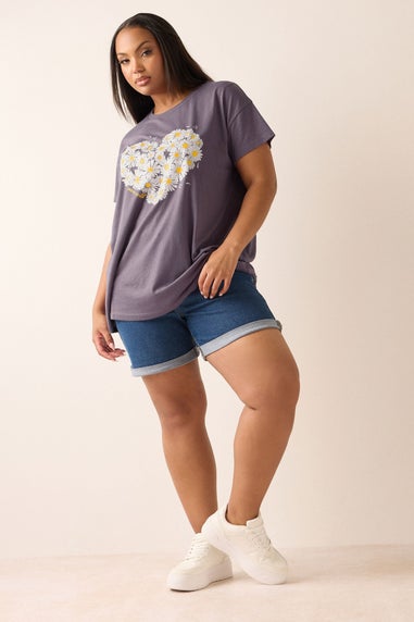 Yours Curve Purple Daisy Heart Print T-Shirt