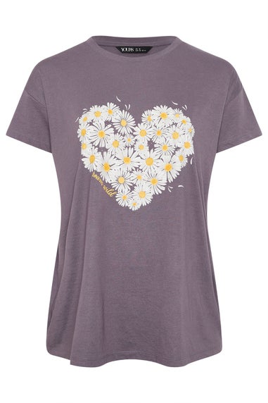 Yours Curve Purple Daisy Heart Print T-Shirt