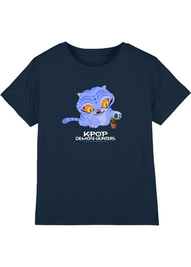 K-Pop Demon Hunters Kids Navy Cute Derpy Tiger T-Shirt (3-13yrs)