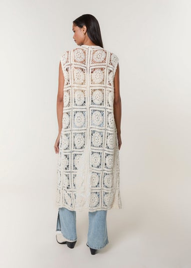 Blue Vanilla Beige Crochet Detailed Tie Front Cardigan