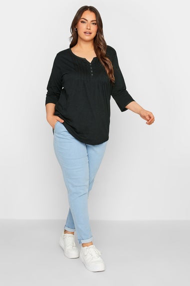 Yours Curve Black Pintuck Button Henley T-Shirt