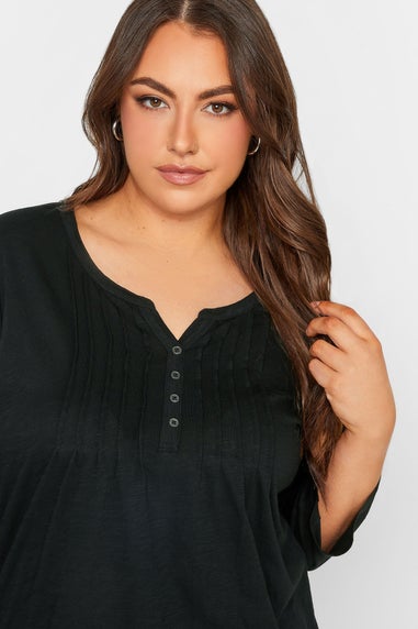 Yours Curve Black Pintuck Button Henley T-Shirt