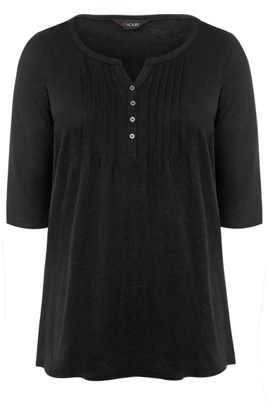 Yours Curve Black Pintuck Button Henley T-Shirt