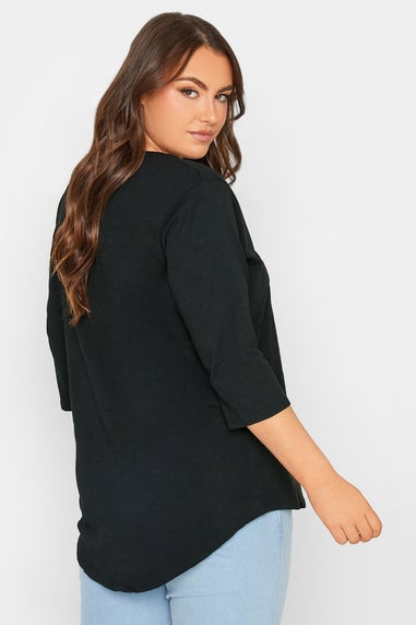 Yours Curve Black Pintuck Button Henley T-Shirt