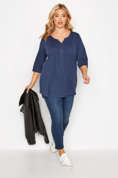 Yours Curve Denim Blue Pintuck Henley T-Shirt