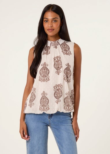 Blue Vanilla Beige Printed Sleeveless High Neck Blouse