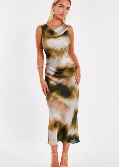 Quiz Khaki Printed Satin Midaxi Dress