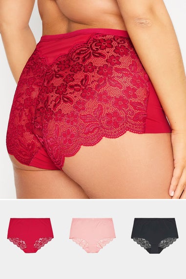 Yours 3 Pack Curve Red & Black Lace Back High Waisted Knickers
