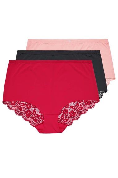 Yours 3 Pack Curve Red & Black Lace Back High Waisted Knickers