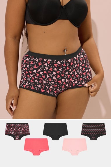 Yours Curve 5 Pack Black & Pink Heart Print Shorts