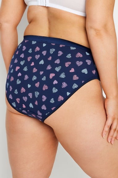 Yours 5 Pack Curve Navy Blue Heart Print High Leg Knickers