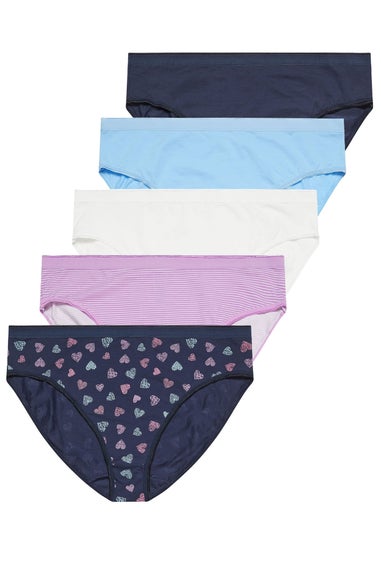 Yours 5 Pack Curve Navy Blue Heart Print High Leg Knickers