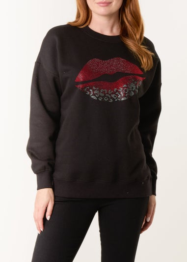 Blue Vanilla Black Rhinestone Lips Sweatshirt