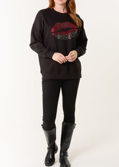 Blue Vanilla Black Rhinestone Lips Sweatshirt