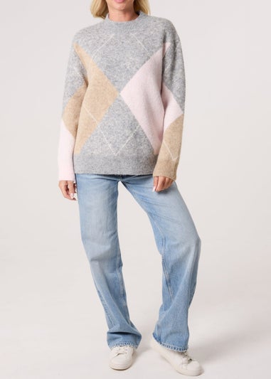 Blue Vanilla Grey Argyle Knitted Crew Neck Jumper