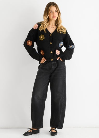 Gini London Black 3D Contrast Flower Crochet Cardigan
