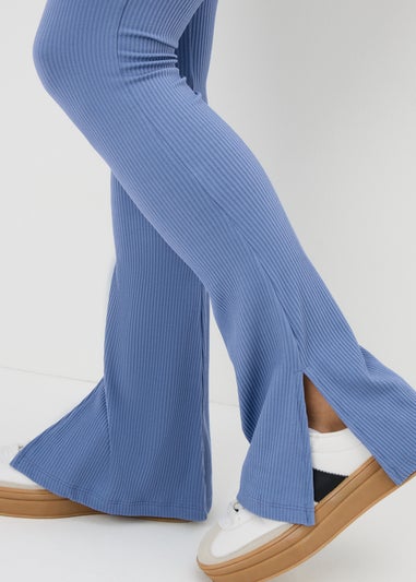 Blue Ribbed Kickflared Leggings