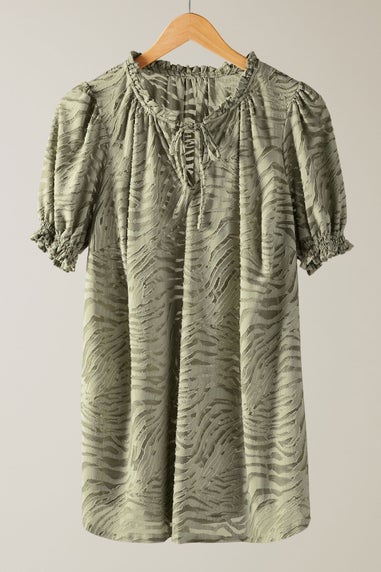 Evans Curve Khaki Green Burnout Print Tie Neck Blouse