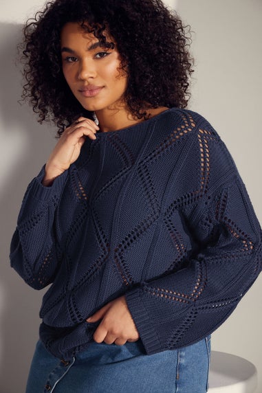 Evans Curve Navy Blue Diamond Pointelle Jumper