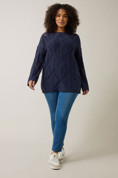Evans Curve Navy Blue Diamond Pointelle Jumper