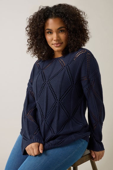 Evans Curve Navy Blue Diamond Pointelle Jumper