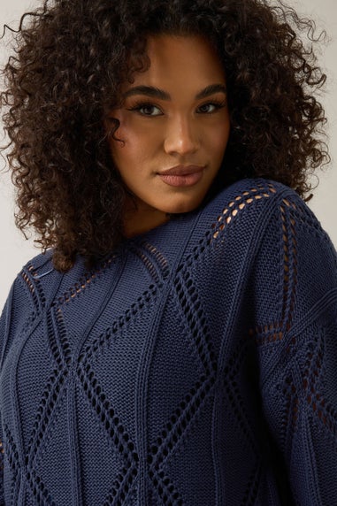 Evans Curve Navy Blue Diamond Pointelle Jumper