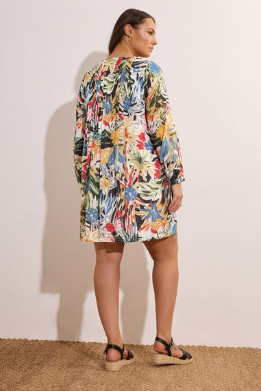 Evans Curve Blue & Yellow Floral Pleated Swing Dress