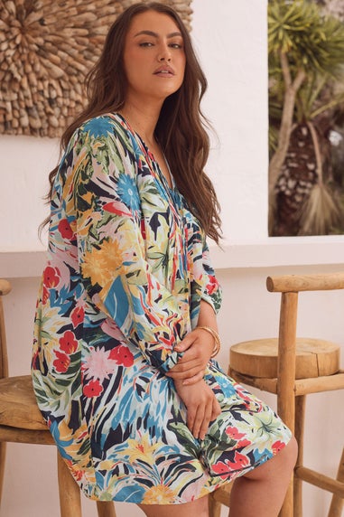 Evans Curve Blue & Yellow Floral Pleated Swing Dress