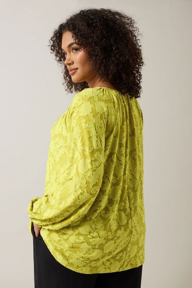 Evans Curve Chartreuse Green Floral Burnout Blouse