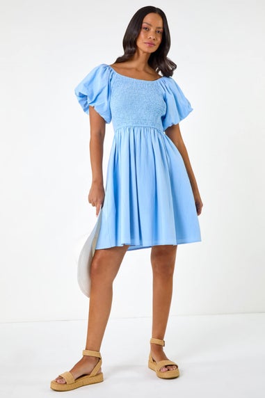 Dusk Light Blue Puff Sleeve Shirred Dress