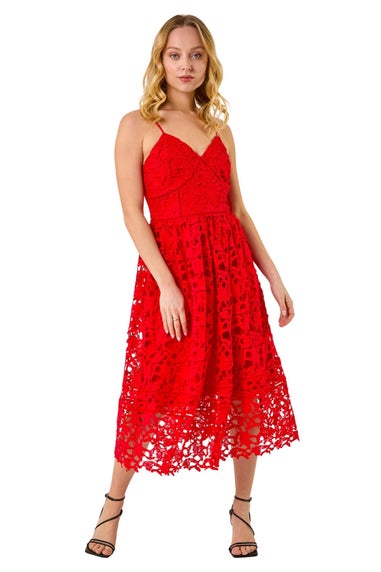 Dusk Red Crochet V-Neck Cami Midi Dress