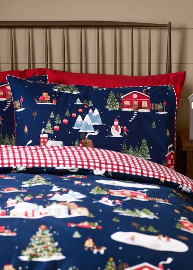 Catherine Lansfield Blue Christmas Ski Village Reversible Duvet Cover Set