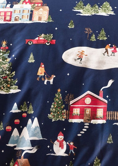 Catherine Lansfield Blue Christmas Ski Village Reversible Duvet Cover Set