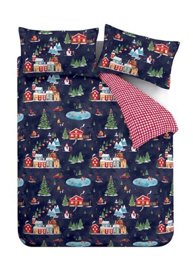 Catherine Lansfield Blue Christmas Ski Village Reversible Duvet Cover Set
