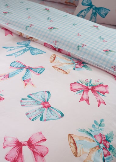 Catherine Lansfield Pink Christmas Bows & Bells Reversible Duvet Cover Set