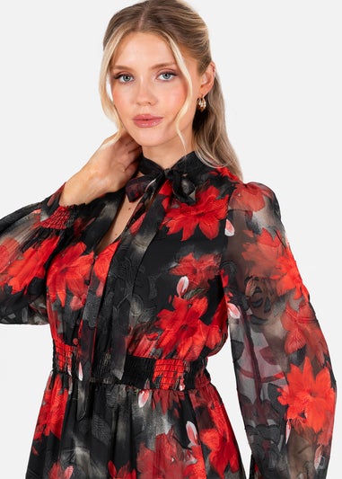 Lovedrobe Floral Tie Neck Long Sleeve & Shirred Waist Maxi Dress