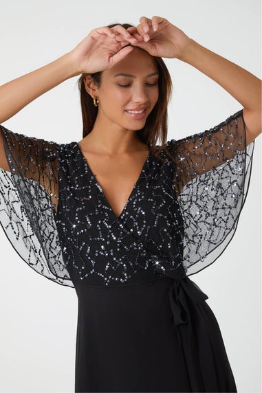Roman Black Sequin Embellished Chiffon Wrap Maxi Dress